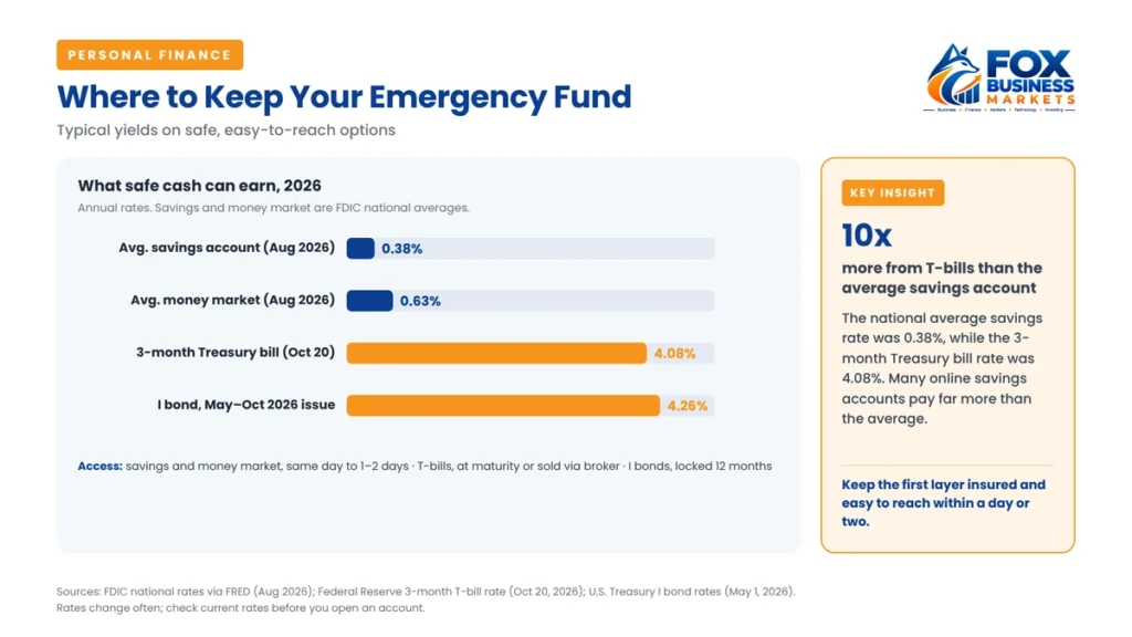 Rates on safe savings options in 2026: average savings 0.38%, money market 0.63%, 3-month Treasury bill 4.08%, I bond 4.26%