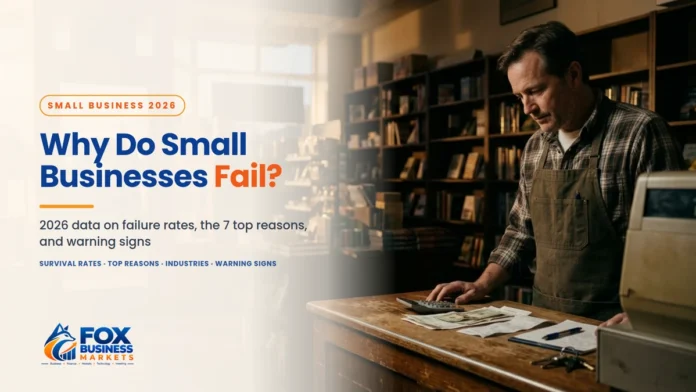 Why Do Small Businesses Fail? 2026 Statistics and Top Reasons Why do small businesses fail: a shop owner reviewing bills and a calculator at closing time